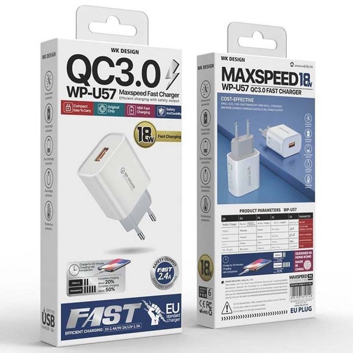 آداپتور شارژر WK فست شارژ مدل WP-U57 همراه با کابل تایپ سی